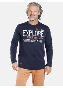 T-Shirt Jan Vanderstorm "Langarmshirt ELION", Herren, Gr. XL, blau (dunkelblau), Obermaterial: 100% Baumwolle CO., comfort fit normal, Rundhals, Shirts T-Shirt, Langarmshirt, Entdecker Print