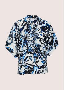 Madeleine Mode Kurzarmbluse MADELEINE "Blusenshirt Oversized-Bluse mit R&uuml;schen", Damen, Gr. 46, wei&szlig; (wei&szlig;, marine), Obermaterial: 100% Viskose CV., Modern, oversize, Blusen Kurzarmbluse, Bluse mit R&uuml;schendekoration an der Knopfleiste