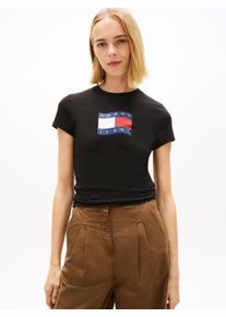 T-Shirt Tommy Jeans "TJW SLIM WAVY FLAG TEE EXT", Damen, Gr. XS (34), schwarz, Single Jersey, Obermaterial: 100% Baumwolle, bedruckt, slim fit h&uuml;ftlang, Rundhals, abgesteppte Kante, Shirts T-Shirt, mit Rundhalsausschnitt