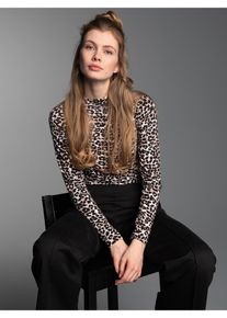 Longsleeve TRIGEMA "TRIGEMA Turtleneck Shirt mit modischem Leo Muster", Damen, Gr. XL, haselnuss, Single Jersey, 48% Baumwolle, 35% Polyester, 4% Elasthan, ohne Ausschnitt, Shirts Longsleeve