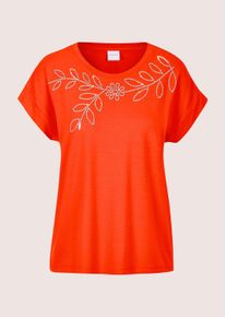 Madeleine Mode Kurzarmshirt MADELEINE "Blusenshirt Elegantes T-Shirt mit Glanzeffekten", Damen, Gr. 46, orange (blutorange), Obermaterial: 92% Viskose CV. 8% Elasthan EL., Modern, schmal, Shirts Kurzarmshirt, Pailetten