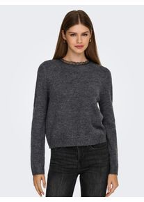Strickpullover Only "ONLTAMMY LS LACE MIX O-NECK BF KNT", Damen, Gr. M, dunkelgrau melange detail:schwarz lace, Strick, Obermaterial: 72% Polyacryl, 25% Polyester, 3% Elasthan, meliert, unifarben mit Farbeinsatz, regular fit, Rundhals, Pullover Strickpullover