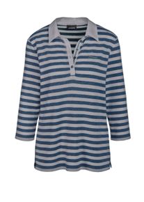 Poloshirt GOLDNER "Hochwertiges Langarmshirt mit Polokragen", Damen, Gr. 42, blau (graumeliert, tintenblau, geringelt), Obermaterial: 65% Polyester PES. 30% Viskose CV. 5% Elasthan EL., Tubular, Shirts Poloshirt, Mit glitzernden Details