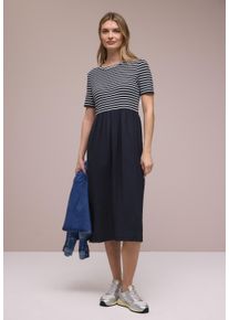 Midikleid Street One, Damen, Gr. 42, N-Gr, shadowed navy, Web, Obermaterial: 62% Polyester, 33% Viskose, 5% Elasthan, gestreift, unifarben, bequem kniebedeckend, Rundhals, abgesteppte Kante, Kleider Midikleid, mit Strukturmix und mit Jersey-Oberteil und Viskosemix-Rock