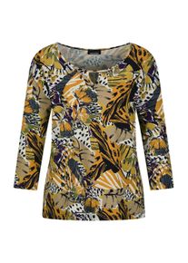 Print-Shirt GOLDNER "Viskosebluse mit Allover-Leo-Druck", Damen, Gr. 50, gelb (honig, gemustert), Obermaterial: 95% Viskose CV. 5% Elasthan EL., Modisch, Shirts Print-Shirt, raffinierte Ausschnittl&ouml;sung