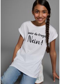 T-Shirt Kidsworld "Bevor Du fragst: NEIN", M&auml;dchen, Gr. 152/158, wei&szlig;, Single Jersey, Obermaterial: 100% Baumwolle, bedruckt, weit h&uuml;ftbedeckend, Rundhals, Aufschlag, Shirts T-Shirt, Kurzarm, mit Print, Rundhalsausschnitt