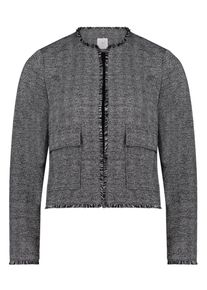 BETTY & CO Jerseyblazer BETTY & CO "Jerseyjacke mit Fransen", Damen, Gr. 36, schwarz (schwarz, grau), Obermaterial: 71% Polyester PES. 23% Viskose CV. 2% metallisierte Fasern MTF. 2% Elasthan EL. 2% Polyamid PA., Blazer Jerseyblazer