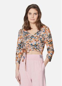 Madeleine Mode 3/4-Arm-Shirt MADELEINE "Wickelshirt Wickelshirt mit floralem Unikat-Print", Damen, Gr. 44, orange (lachsrosa, multicolor), Obermaterial: 92% Viskose CV. 8% Elasthan EL., Modern, V-Ausschnitt, Shirts 3/4-Arm-Shirt