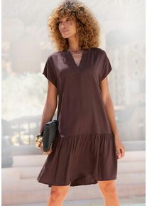 Blusenkleid Lascana, Damen, Gr. 42, N-Gr, dunkelbraun, Web, Obermaterial: 100% Viskose, unifarben, figurumspielend ca. Mitte Oberschenkel, V-Ausschnitt, Kleider Blusenkleid, mit Volant am Rock