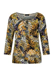 Print-Shirt GOLDNER "Viskosebluse mit Allover-Leo-Druck", Damen, Gr. 44, gelb (honig, gemustert), Obermaterial: 95% Viskose CV. 5% Elasthan EL., Modisch, Shirts Print-Shirt, raffinierte Ausschnittl&ouml;sung