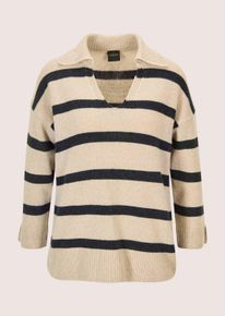 Madeleine Mode Longpullover MADELEINE "Strickpullover Stilvoller Wollpullover mit Polokragen", Damen, Gr. 40/42, beige (beige, melange, nebelblau), Obermaterial: 35% Polyamid PA. 30% Viskose CV. 30% Wolle mw. 5% Kaschmir WS., Modern, Pullover Longpullover, Polokragen mit V-Ausschnitt