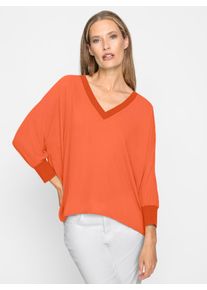 Langarmbluse Heine, Damen, Gr. 48, orange, 100% Polyester, unifarben, V-Ausschnitt, Blusen Langarmbluse