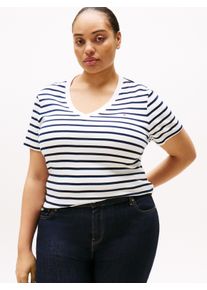 V-Shirt Tommy Hilfiger Curve "CRV SLIM CODY V-NK SS", Damen, Gr. 54, breton schwarz night navy stp, Single Jersey, Obermaterial: 100% Baumwolle, gestreift, slim fit normal, V-Ausschnitt, abgesteppte Kante, Shirts V-Shirt, in gro&szlig;en Gr&ouml;&szlig;en, Baumwoll-Qualit&auml;t