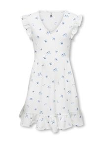 Sommerkleid KIDS Only "KOGHILLARY V NECK DRESS CS WVN", M&auml;dchen, Gr. 158/164, N-Gr, cloud dancer aop:blau flowers, Web, Obermaterial: 98% Polyester, 2% Elasthan, bedruckt, gebl&uuml;mt, figurumspielend Midi, V-Ausschnitt, Fl&uuml;gel&auml;rmel R&uuml;schen, Kleider Sommerkleid