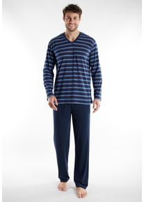 G&ouml;tzburg Pyjama G&Ouml;TZBURG "Midtown", Herren, Gr. 58, blau, mittel, ringel, Single Jersey, Obermaterial: 60% Baumwolle, 40% Polyester, bequem lang, V-Ausschnitt, gerader Abschluss, Homewear-Sets Pyjama, gestreift, V-Ausschnitt, lang, Baumwollmix