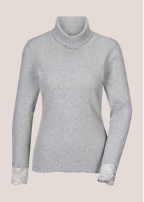 Madeleine Mode Langarmshirt MADELEINE "Rollkragenshirt Elegantes Basicshirt mit Spitze, Rollkragen", Damen, Gr. 46, grau (graumelange), Obermaterial: 74% Wolle mw. 10% Polyester PES. 9% Kaschmir WS. 2% diverse Faserarten dF. 2% Polyamid PA., Modern, normal, Shirts Langarmshirt, Spitzenbesatz am &Auml;rmelabschluss