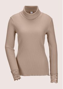 Madeleine Mode Langarmshirt MADELEINE "Rollkragenshirt Elegantes Basicshirt mit Spitze, Rollkragen", Damen, Gr. 44, beige (berber), Obermaterial: 74% Wolle mw. 10% Polyester PES. 9% Kaschmir WS. 2% diverse Faserarten dF. 2% Polyamid PA., Modern, normal, Shirts Langarmshirt, Spitzenbesatz am &Auml;rmelabschluss
