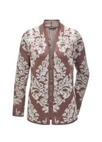 Strickjacke GOLDNER "Kurzgr&ouml;&szlig;e Jacquard-Strickjacke mit Glanzgarnen", Damen, Gr. 20, braun (toffee, stein, gemustert), Obermaterial: 65% Polyacryl PAN. 25% Schurwolle WV. 10% metallisierte Fasern MTF., festlich, Rippe, Strickjacken Strickjacke, Mit feinen Glanzgarnen