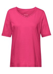 Langarm-Poloshirt GOLDNER "Halbarm Basic-Shirt aus Baumwolle", Damen, Gr. 38, pink (cyclam), Obermaterial: 95% Baumwolle CO. 5% Elasthan EL., Tubular, Shirts Langarm-Poloshirt, Ausschnitt in Herzform mit Schmucksteinen verziert