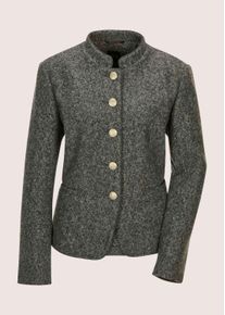 Madeleine Mode Jackenblazer MADELEINE "Strickblazer Schicker Kurzblazer mit Stehkragen", Damen, Gr. 38, grau (bleigrau, melange, goldfarben), Obermaterial: 100% Polyester PES., Modern, Blazer Jackenblazer, klassikcer, Glanzgarn, Stickerei, Schmuckkn&ouml;pfe