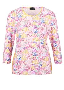 Print-Shirt GOLDNER "Elastisches Viskoseshirt mit mehrfarbigem Alloverdruck und Rundhalsausschnitt", Damen, Gr. 50, gelb (gelb, gemustert), Obermaterial: 95% Viskose CV. 5% Elasthan EL., gerade, Manschette, Shirts Print-Shirt, Sonstige