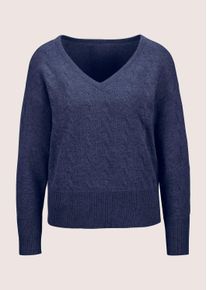Madeleine Mode Longpullover MADELEINE "Pullover V-Pullover mit Zopfmuster", Damen, Gr. 36/38, blau (nachtblau), Obermaterial: 25% Alpaka WP. 25% Polyamid PA. 25% Schurwolle WV. 25% Viskose CV., Modern, normal, V-Ausschnitt, Pullover Longpullover