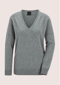 Madeleine Mode Longpullover MADELEINE "Kaschmirpullover Casual Strickpullover mit V-Ausschnitt", Damen, Gr. 40/42, grau (steingrau, melange), Obermaterial: 100% Kaschmir WS., Modern, Pullover Longpullover, Reines Kaschmir