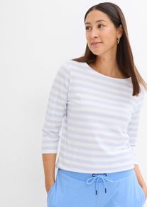 T-Shirt bonprix, Damen, Gr. 44/46 (L), zartblau, wei&szlig;, Jersey, Obermaterial: 95% Baumwolle, 5% Elasthan, geringelt, gestreift, bequem h&uuml;ftbedeckend, U-Boot-Ausschnitt, Shirts T-Shirt, bequeme Passform, 3/4-&Auml;rmel, f&uuml;r Fr&uuml;hling und Sommer