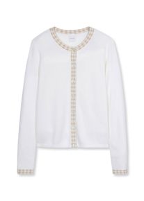 Madeleine Mode Strickjacke MADELEINE "Strickjacke Strickjacke mit Vichy-Karo-Akzenten", Damen, Gr. 34, wei&szlig; (wollwei&szlig;, hellmagnolie), Obermaterial: 60% Viskose CV. 40% Baumwolle CO., Modern, Strickjacken Strickjacke