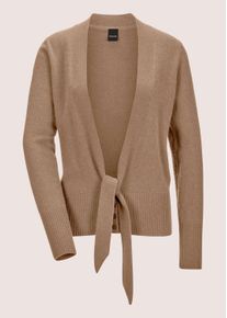 Madeleine Mode Strickjacke MADELEINE "Strickjacke Kaschmir-Strickjacke mit tiefem V-Ausschnitt und Bindeband", Damen, Gr. 34, beige (caramel), Obermaterial: 100% Kaschmir WS., Modern, normal, Strickjacken Strickjacke
