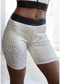active by Lascana Funktionsshorts LASCANA ACTIVE, Damen, Gr. XL (48/50), N-Gr, wei&szlig; (gold, wei&szlig;), Jersey, Obermaterial: 85% Polyester, 15% Elasthan, bedruckt, figurbetont ca. Mitte Oberschenkel, Hosen Funktionsshorts, Radlerhose mit gl&auml;nzendem Leomuster und 3D-Schriftzug auf dem Bund
