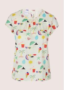 Madeleine Mode Shirtbluse MADELEINE "Blusenshirt Druckbluse mit sommerlichem Print", Damen, Gr. 44, wei&szlig; (wollwei&szlig;, multicolor), Obermaterial: 97% Polyester PES. 3% Elasthan EL., Modern, figurumspielend, Blusen Shirtbluse, Nackenschliz