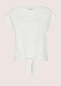 Madeleine Mode Kurzarmshirt MADELEINE "Shirt Shirt mit Lochstickerei, Kurzarm, Rundhals", Damen, Gr. 38, wei&szlig;, Obermaterial: 95% Baumwolle CO. 5% Elasthan EL., Modern, tailliert, Shirts Kurzarmshirt, Geknoteter Saum