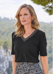 Kurzarmshirt GOLDNER "Baumwollshirt mit edler Stickerei", Damen, Gr. 50, schwarz, Obermaterial: 100% Baumwolle CO., figurumspielend, V-Ausschnitt, Shirts Kurzarmshirt, dekorative Stickerei am Ausschnitt