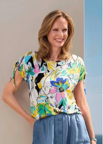 Print-Shirt GOLDNER "Jerseyshirt mit floralem Design", Damen, Gr. 42, bunt (bunt, gemustert), Obermaterial: 95% Viskose CV. 5% Elasthan EL., gerade, Shirts Print-Shirt, Kordelzug an den Schultern