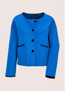 Madeleine Mode Kurzjacke MADELEINE "Blazer Trendige Kurzjacke mit Kontrastdetails", Damen, Gr. 34, schwarz (royalblau, schwarz), Obermaterial: 72% Wolle mw. 15% Polyester PES. 10% Kaschmir WS. 3% sonstige Fasern AF., Modern, Jacken Kurzjacke, Aufgesetzte Taschen