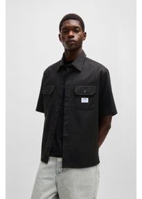 Kurzarmhemd HUGO BLUE "Ekyno", Damen, Gr. XXL, N-Gr, schwarz (schwarz001), Twill, Obermaterial: 100% Baumwolle, kontrastfarbene Details, unifarben, weit h&uuml;ftlang, hoch geschlossener Ausschnitt, eingesetzt,weit abgesteppte Kante, Hemden Kurzarmhemd, mit kontrastfarbenem Logo-Badge auf der Brust