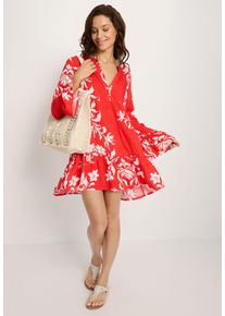 Strandkleid Lascana, Damen, Gr. 40/42, N-Gr, blau (wei&szlig;, rot bedruckt), Web, Obermaterial: 100% Viskose, bedruckt, figurumspielend ca. Mitte Oberschenkel, Rundhals, Volant, Kleider Strandkleid, mit Alloverdruck, Tunika, Blusenkleid, Strandmode