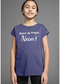 T-Shirt Kidsworld "Bevor Du fragst: NEIN", M&auml;dchen, Gr. 164/170, blau, Single Jersey, Obermaterial: 100% Baumwolle, bedruckt, weit h&uuml;ftbedeckend, Rundhals, Aufschlag, Shirts T-Shirt, Kurzarm, mit Print, Rundhalsausschnitt