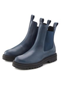 Stiefelette ELBSAND "Chelseaboots, Schlupfstiefel, Bikerboots, Sommerstiefelette", Damen, Gr. 44, blau (marine), Obermaterial: 100% Rindsleder. Decksohle: 100% Synthetik. Futter: 100% Synthetik. Laufsohle: 100% Synthetik, unifarben, Schuhe Stiefelette, aus Leder mit Stretch-Eins&auml;tzen, Lederstiefelette