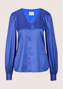 Madeleine Mode Langarmbluse MADELEINE "Satinbluse Blusenshirt mit schimmerndem Glanz", Damen, Gr. 44, blau (azurblau), Obermaterial: 100% Polyester PES., Modern, gerade, Blusen Langarmbluse, Markante Mittelnaht
