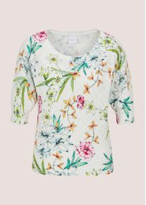 Madeleine Mode Longpullover MADELEINE "Strickpullover Ajourpullover mit floralem Muster", Damen, Gr. 40/42, wei&szlig; (wollwei&szlig;, multicolor), Obermaterial: 100% Baumwolle CO., Modern, gerade, Pullover Longpullover, Luftiges Ajour-Muster