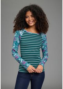 Langarmshirt Kangaroos, Damen, Gr. 44/46, petrol, bunt, Rippware, Obermaterial: 100% Baumwolle, k&ouml;rpernah h&uuml;ftlang, Rundhals, Raglan&auml;rmel, Shirts Langarmshirt, Muster Mix