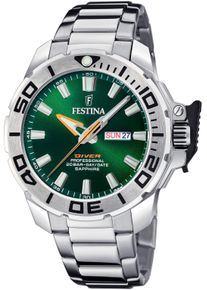 Taucheruhr Festina "Diver Collection", silber (silberfarben, dunkelgr&uuml;n), Armbanduhren, Herren, Taucheruhr, Armbanduhr, Herrenuhr, Taucheruhr, Edelstahlarmband, Geschenkidee