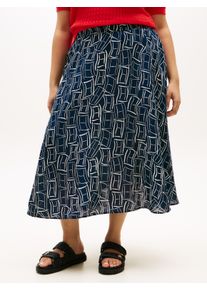 A-Linien-Rock Tommy Hilfiger Curve "CRV ESS LINEN FLARE SKIRT", Damen, Gr. 52, flag feathers schwarz night navy, Web, Obermaterial: 100% Leinen, bedruckt, relaxed fit ca. Mitte Wade, R&ouml;cke A-Linien-Rock, in gro&szlig;en Gr&ouml;&szlig;en, ausgestellte Form