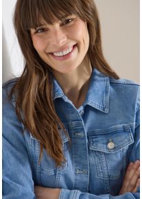 Jeansjacke Cecil, Damen, Gr. L (42), light blau washed, Web, Obermaterial: 70% Baumwolle, 28% Polyester, 2% Elasthan, unifarben, normal h&uuml;ftlang, Rundhals, 1-Knopf-Manschette, Jacken Jeansjacke, mit Brusttaschen und Kn&ouml;pfen