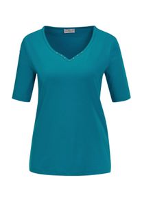 Langarm-Poloshirt GOLDNER "Halbarm Basic-Shirt aus Baumwolle", Damen, Gr. 48, blau (petrol), Obermaterial: 95% Baumwolle CO. 5% Elasthan EL., Tubular, Shirts Langarm-Poloshirt, Ausschnitt in Herzform mit Schmucksteinen verziert