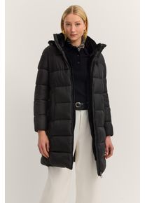 Steppmantel Bugatti "Loose Fit", Damen, Gr. 34, schwarz (290, schwarz), 100% Polyamid, unifarben, loose fit, B&uuml;ndchen, M&auml;ntel Steppmantel, mit Kunstfell & abnehmbarer Kapuze