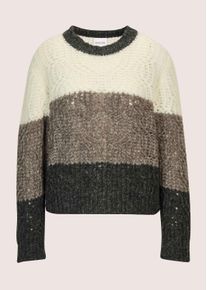 Madeleine Mode Longpullover MADELEINE "Strickpullover Eleganter Wollpullover mit Zopfmuster", Damen, Gr. 34, wei&szlig; (wollwei&szlig;, cappuccino, bleigrau, melange), Obermaterial: 42% Wolle mw. 28% Alpaka WP. 25% Polyamid PA. 4% Viskose CV. 1% metallisierte Fasern MTF., Modern, Pullover Longpullover, Zopfmuster und Blockstreifen