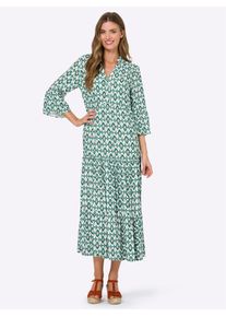 Druckkleid Heine "Druck-Kleid", Damen, Gr. 50, Normalgr&ouml;&szlig;en, bunt (smaragd, apricot, bedruckt), 100% Viskose, bedruckt, gemustert, mehrfarbig, lang, V-Ausschnitt, Kleider Druckkleid